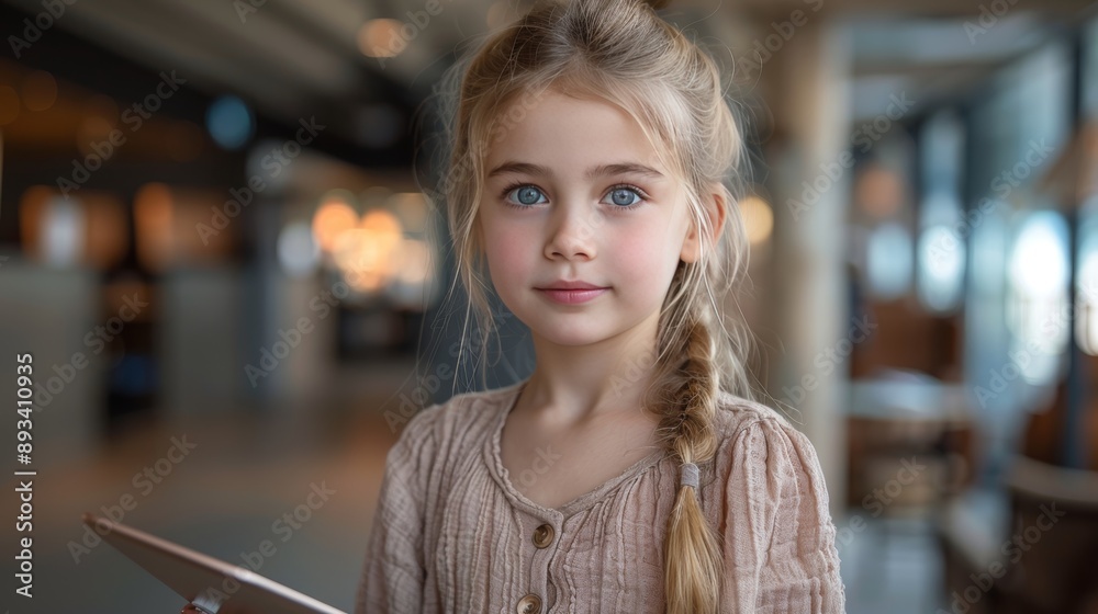 Portrait, Cute Smiling Little Blonde Girl, Tablet, Modern Cafe Interior, Blurred Background Portrait, Cute Smiling Little Blonde Girl, Tablet, Modern Cafe Interior, Blurred Background