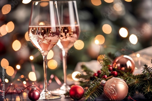 Two glasses of champagne with Christmas decorations and lights, creating a festive and celebratory holiday atmosphere.