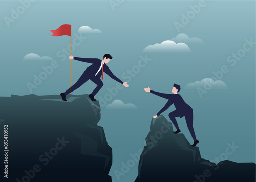 Businessman helping his colleague to climb up the mountain in flat design. Business helping for success, teamwork, partnership in business concept.