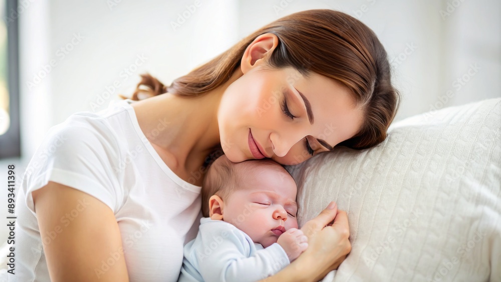Serene maternal bliss captured in tender moment of sleepy infant resting peacefully on loving mother's warm chest embrace. Serene maternal bliss captured in tender moment of sleepy infant resting peacefully on loving mother's warm chest embrace.
