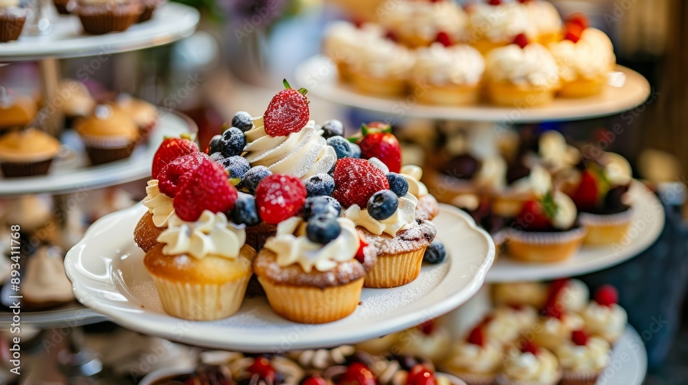 Close-up of gourmet cupcakes with berries and whipped cream Close-up of gourmet cupcakes with berries and whipped cream