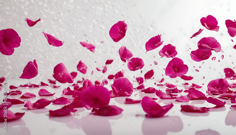 Delicate pink rose petals scattered on a white surface, creating a romantic and elegant atmosphere. Perfect for wedding invitations, beauty product advertisements, Valentine's Day cards, or adding a t Delicate pink rose petals scattered on a white surface, creating a romantic and elegant atmosphere. Perfect for wedding invitations, beauty product advertisements, Valentine's Day cards, or adding a t