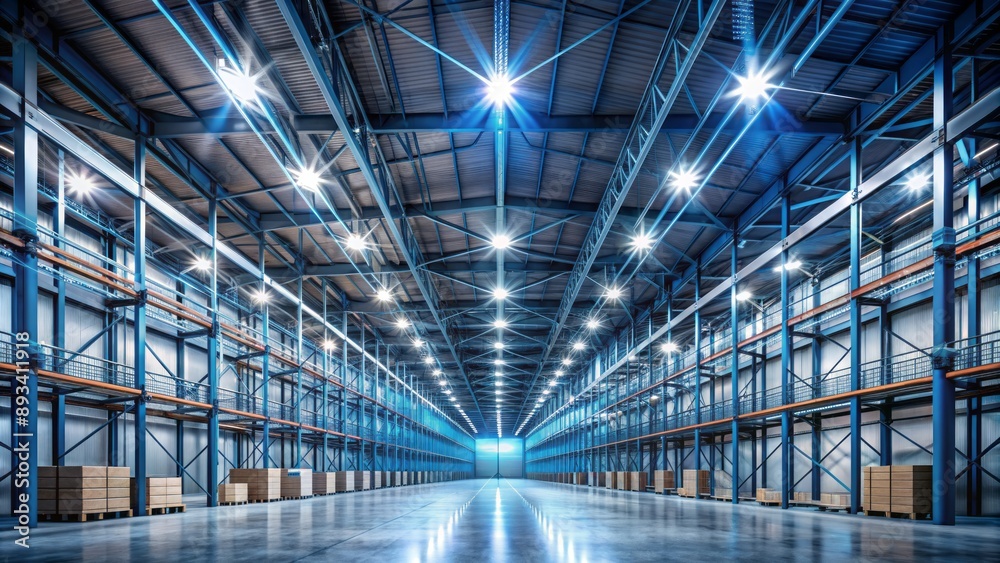 Vast dimly lit industrial storage space with concrete floors and metal beams, highlighted by rows of flickering fluorescent lights above. Vast dimly lit industrial storage space with concrete floors and metal beams, highlighted by rows of flickering fluorescent lights above.