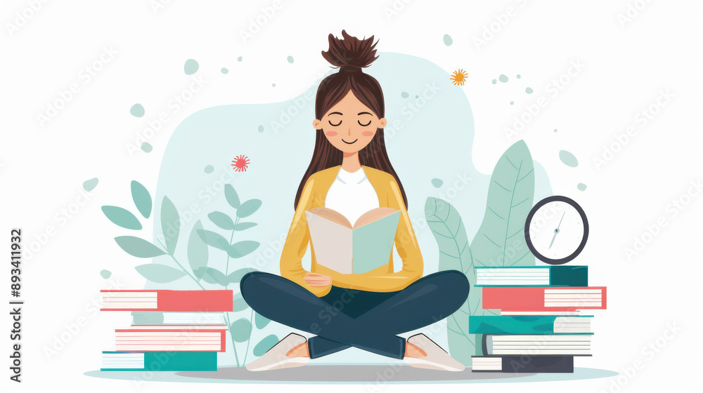 Illustration of a girl sitting cross-legged and reading a book, surrounded by stacks of books and plants. Illustration of a girl sitting cross-legged and reading a book, surrounded by stacks of books and plants.