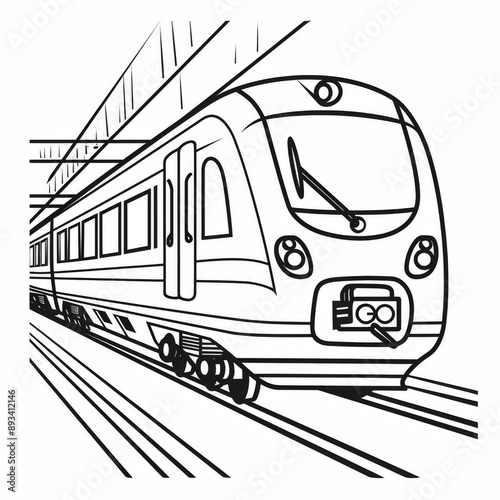 Black and white line drawing of a high-speed train in motion, showcasing detailed design and modern transportation.
