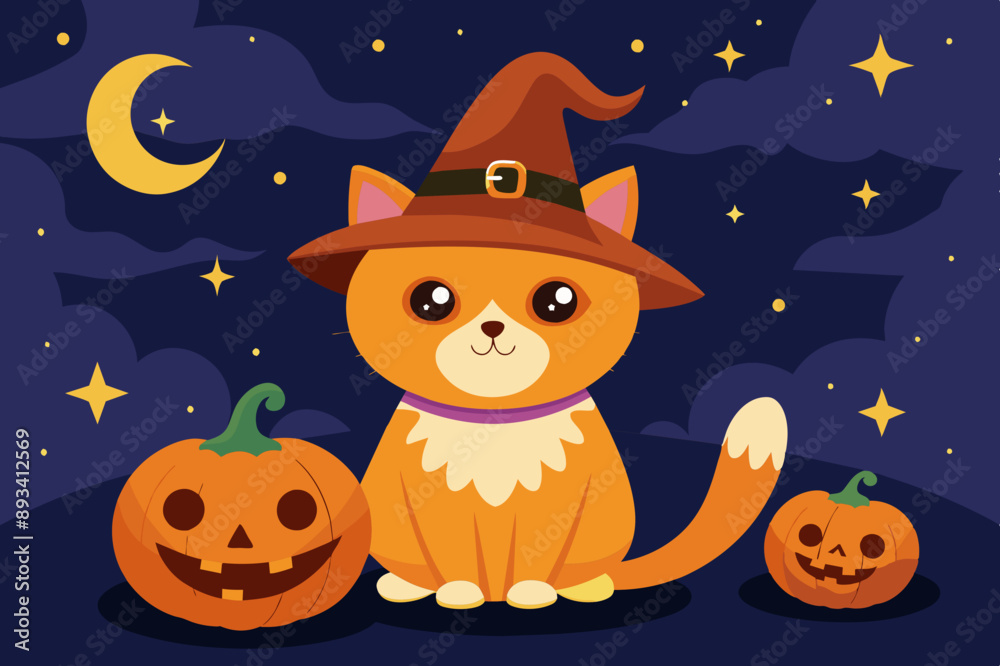 Halloween background with orange cat, pumpkins and night sky perfect for children's content and festive designs Halloween background with orange cat, pumpkins and night sky perfect for children's content and festive designs