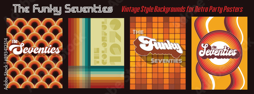 Vintage Posters, Covers from the Seventies. Vector Templates for Retro Party, Event Posters. 1970s Stu;e Background Set