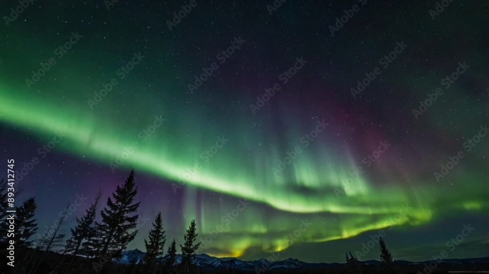 Aurora borealis or northern lights over the mountain with pine trees below it Aurora borealis or northern lights over the mountain with pine trees below it