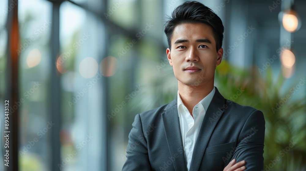 Professional portrait of a young Asian businessman in office attire, emphasizing his confidence and success. Professional portrait of a young Asian businessman in office attire, emphasizing his confidence and success.
