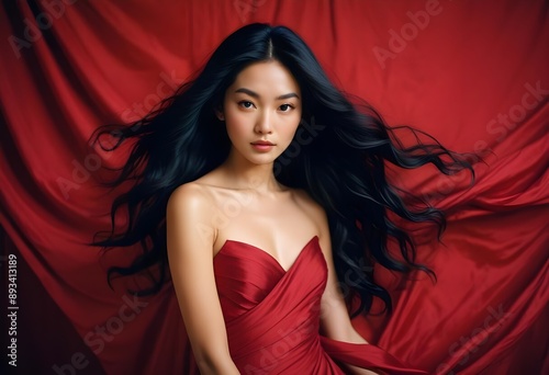 Woman with black hair in a red dress posing for a photo in a studio