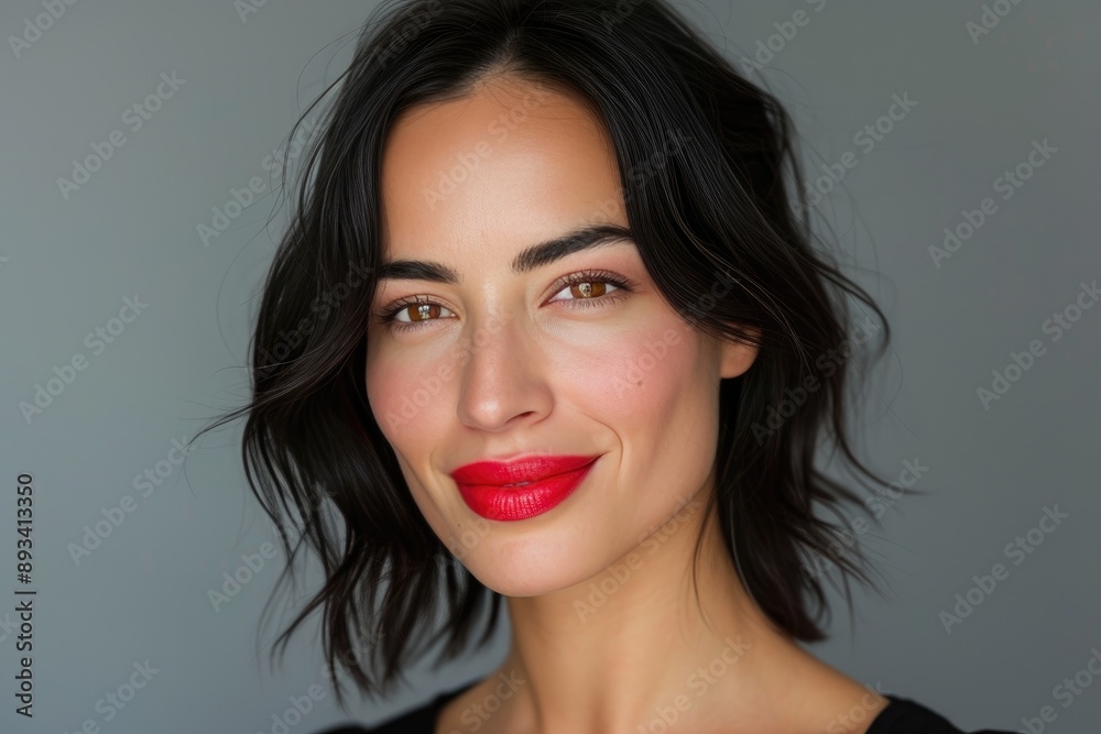 Woman Enhancing Beauty with Red Lipstick