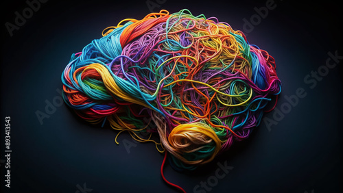 Vibrant multi-colored tangled threads form a human brain shape on a black background, symbolizing neurodiversity, mental health complexities, and the intricate workings of the mind.
