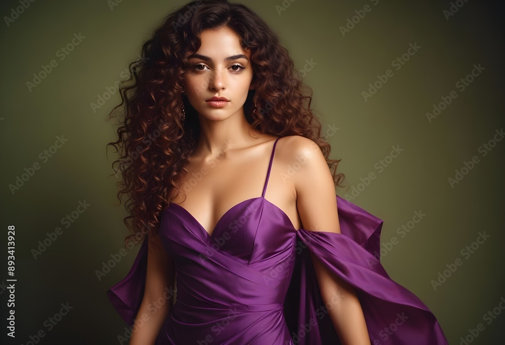 Obraz premium Young woman with dark hair posing for a photo in a studio, wearing a purple dress against a green background
