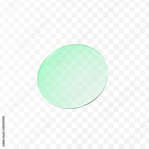 Green glass circle, 3d vector round glass plate with glares, realistic transparent glossy lens, acrylic or plastic badge