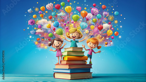 Vibrant illustrated emotions burst forth from whimsical thought bubbles surrounding a stack of colorful books, igniting imagination and sparking curiosity in young minds. photo