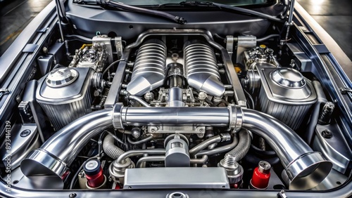 High-performance engine bay of a modified sports car featuring a twin-turbocharged inline-six engine with polished aluminum components. © Wanlop