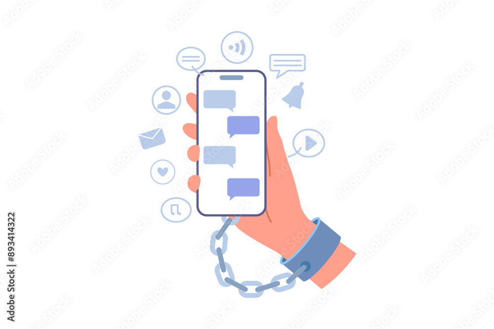 Nomophobia in person, chained to phone due to fear of parting with mobile gadget with social networking applications. Digital addiction and nomophobia in smartphone user addicted to online services