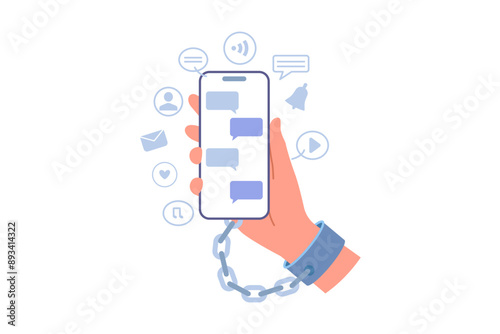 Obraz na płótnie Nomophobia in person, chained to phone due to fear of parting with mobile gadget with social networking applications. Digital addiction and nomophobia in smartphone user addicted to online services w salonie