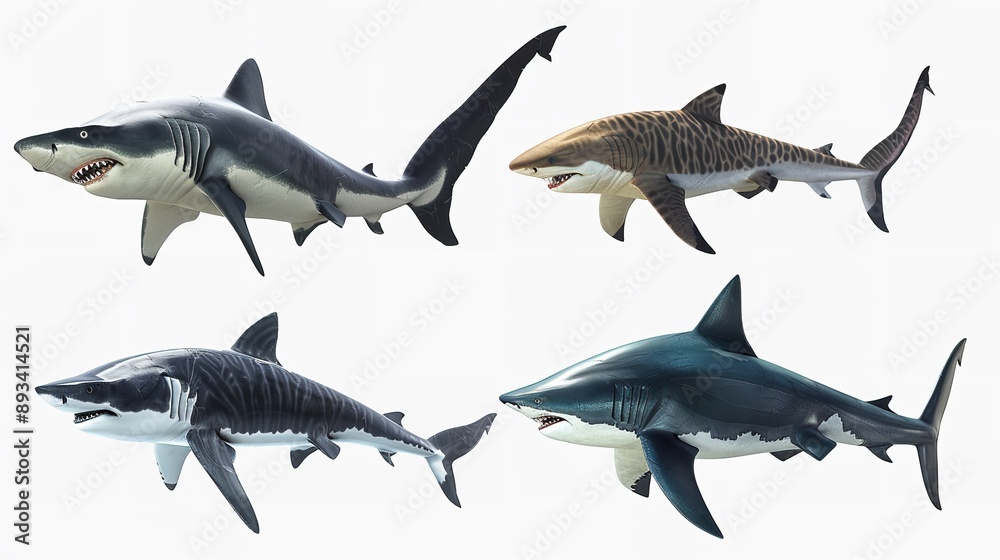 Set of Shark: Hammerhead Shark, Tiger Shark, Great White Background