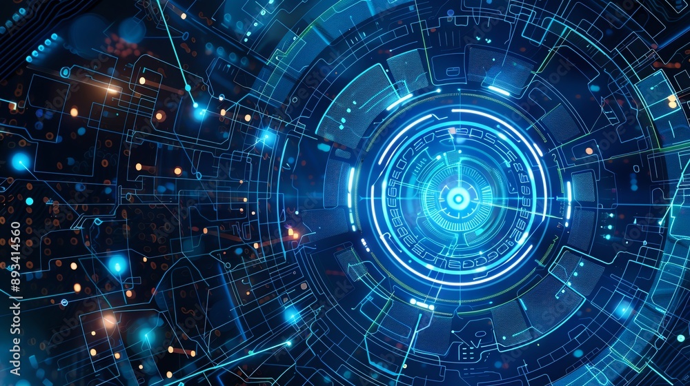 A glowing blue circuit board with a central eye. A glowing blue circuit board with a central eye.