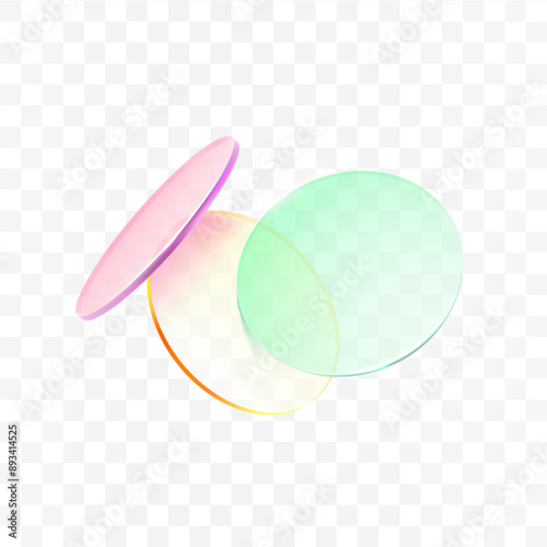 Holographic glass circles 3D vector composition, cylinder plate with glare and morphism effect, transparent lens or disk