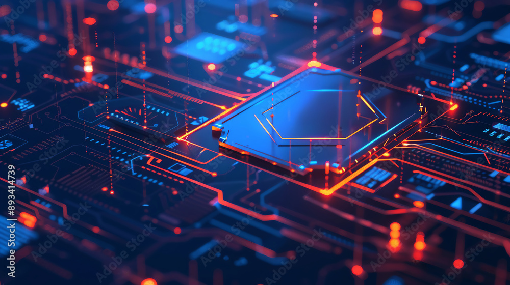 A glowing orange and blue circuit board with a glowing yellow and orange lock on it. A glowing orange and blue circuit board with a glowing yellow and orange lock on it.