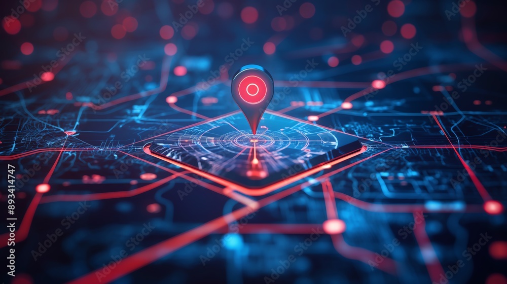 A glowing red and blue circuit board with a map and a pinpoint location. A glowing red and blue circuit board with a map and a pinpoint location.
