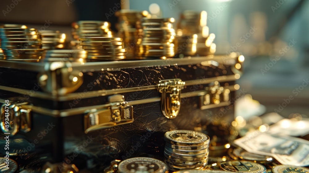 Scene of a briefcase with stacks of gold coins and cash pouring out, highlighting wealth