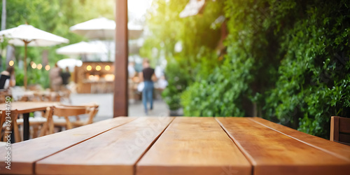 An inviting outdoor cafe setting with a warm wooden table in the foreground and blurred patrons enjoying their time in the background. Perfect for food blogs, restaurant websites, travel articles, or 