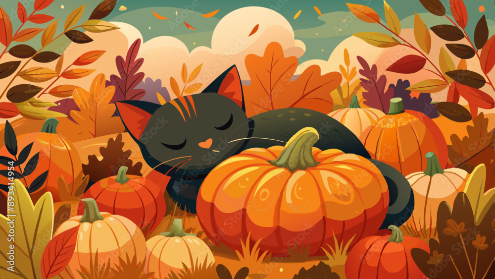 Autumn background with falling leaves, pumpkins and black kitty ideal for fall greeting cards, halloween decor, thanksgiving invites, cozy seasonal illustrations Autumn background with falling leaves, pumpkins and black kitty ideal for fall greeting cards, halloween decor, thanksgiving invites, cozy seasonal illustrations