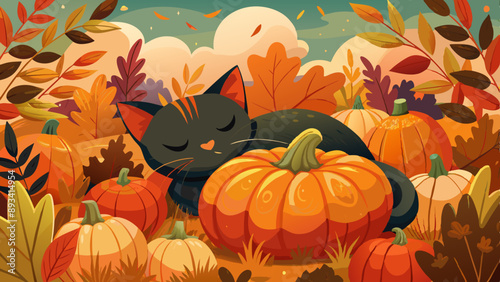 Autumn background with falling leaves, pumpkins and black kitty ideal for fall greeting cards, halloween decor, thanksgiving invites, cozy seasonal illustrations
