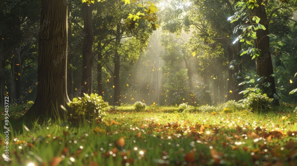 Obraz premium A forest bathed in sunlight, with the ground covered in a mix of grass and fallen leaves.