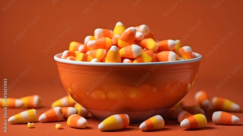 A bowl of candy corn with room for copy on an orange background A bowl of candy corn with room for copy on an orange background