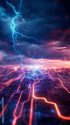 A digital landscape where cyber threats are represented as storms photo