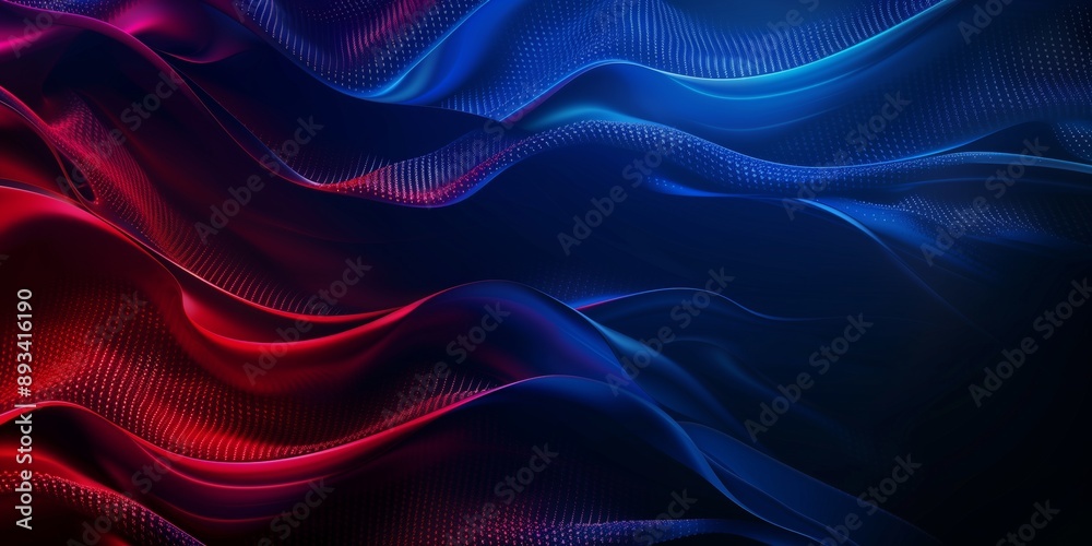 Obraz premium Abstract background with wavy elements and dotted light accents in dark blue and red tones, minimalist design, technological look.