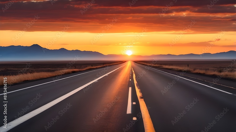 Fototapeta premium A vast, empty asphalt road with a stunning sunset in the distance.