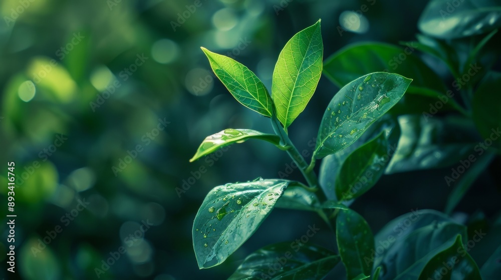 Close-Up of Fresh Green Leaves with Dew Drops Close-Up of Fresh Green Leaves with Dew Drops