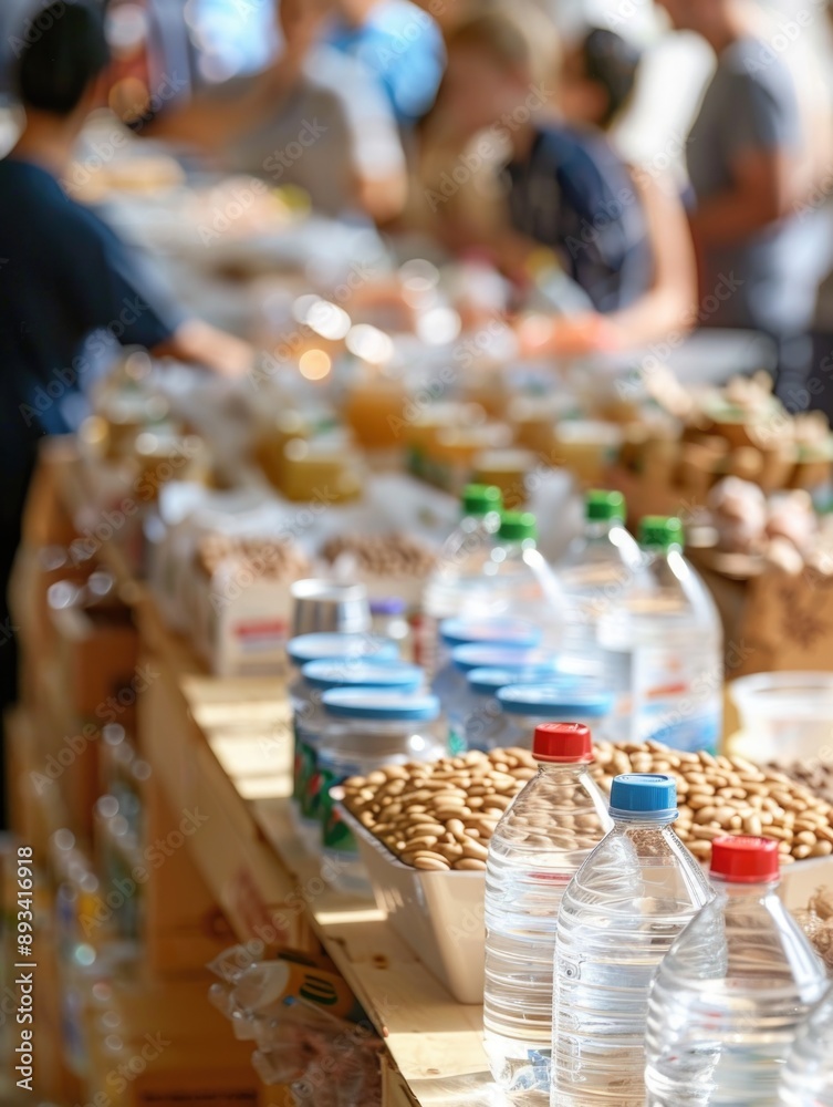 A long table filled with many bottles of water A long table filled with many bottles of water