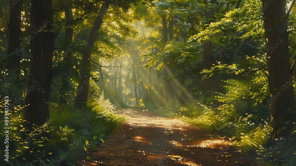 Obraz premium A forest path with sunlight filtering through the leaves, creating a dappled light effect.