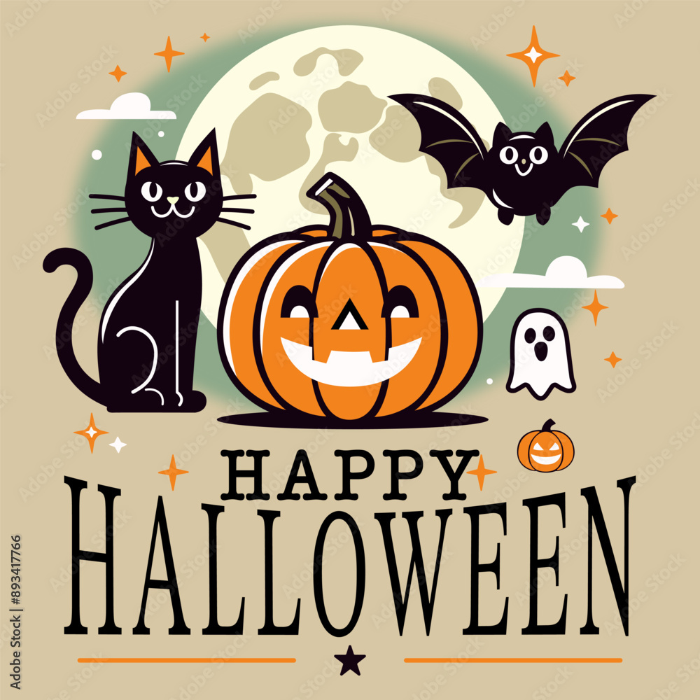 Happy Halloween Vector Art with Pumpkin, Cat, Bat, and Ghost Happy Halloween Vector Art with Pumpkin, Cat, Bat, and Ghost