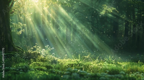 A forest scene with rays of sunlight creating a natural spotlight on a patch of grass.