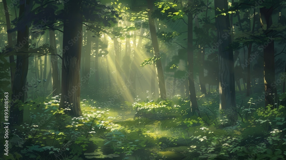 A forest scene with sunlight breaking through the canopy, casting a soft glow on the underbrush. A forest scene with sunlight breaking through the canopy, casting a soft glow on the underbrush.