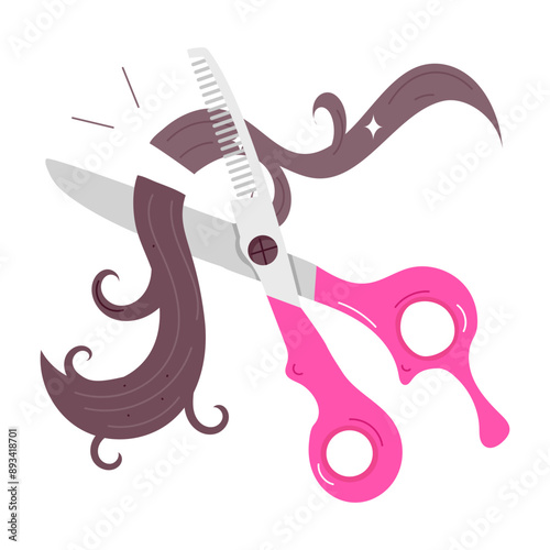 A comic style sticker of scissors cutting hairs 


