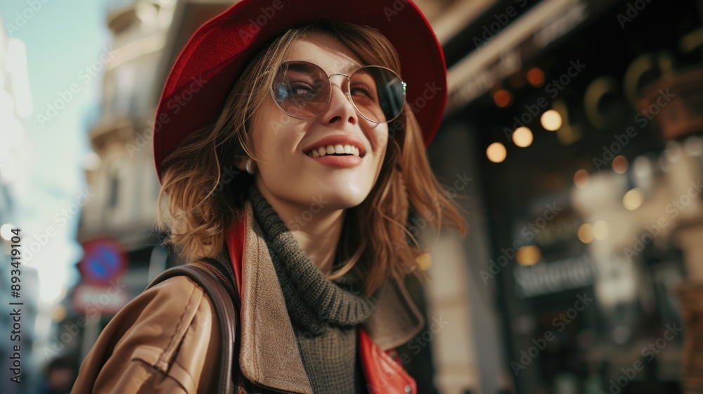 A person wearing a bright red hat and glasses, perfect for editorial or commercial use A person wearing a bright red hat and glasses, perfect for editorial or commercial use