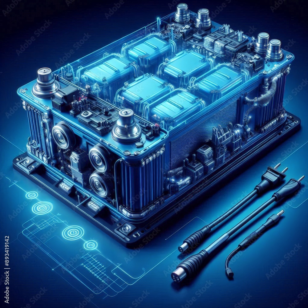 An electric car lithium battery pack is illustrated with power connections, showcasing the core of modern automotive technology in a vibrant blue tone
An electric car lithium battery pack is illustrated with power connections, showcasing the core of modern automotive technology in a vibrant blue tone