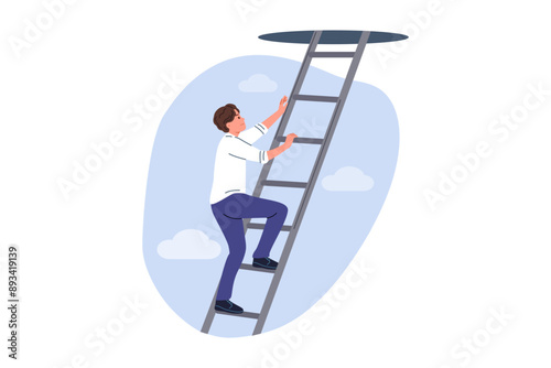 Man climbs career ladder, using ambition to achieve new successes and professional growth. Guy with motivation for career growth, accepts challenge and boldly strives to take top position