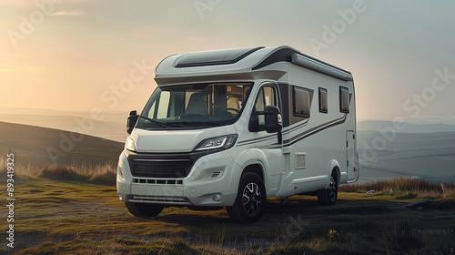 Modern camper van on a scenic hillside during sunset. photo