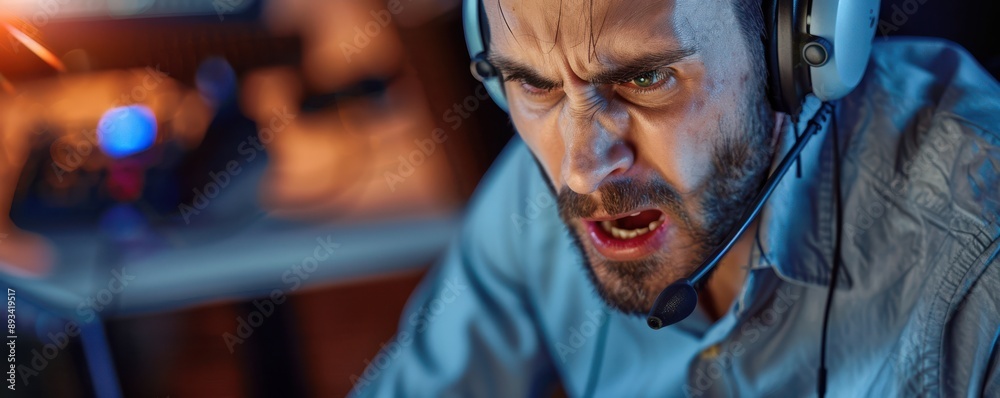 Frustrated call center agent experiencing technical difficulties. Frustrated call center agent experiencing technical difficulties.