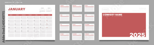 Set of 2025 Calendar Planner Template Pages Monthly, Cover with Place for Photo and Company Logo. Vector layout of a wall or desk calendar with week start Monday for printing. Page size A4-21x29.7cm