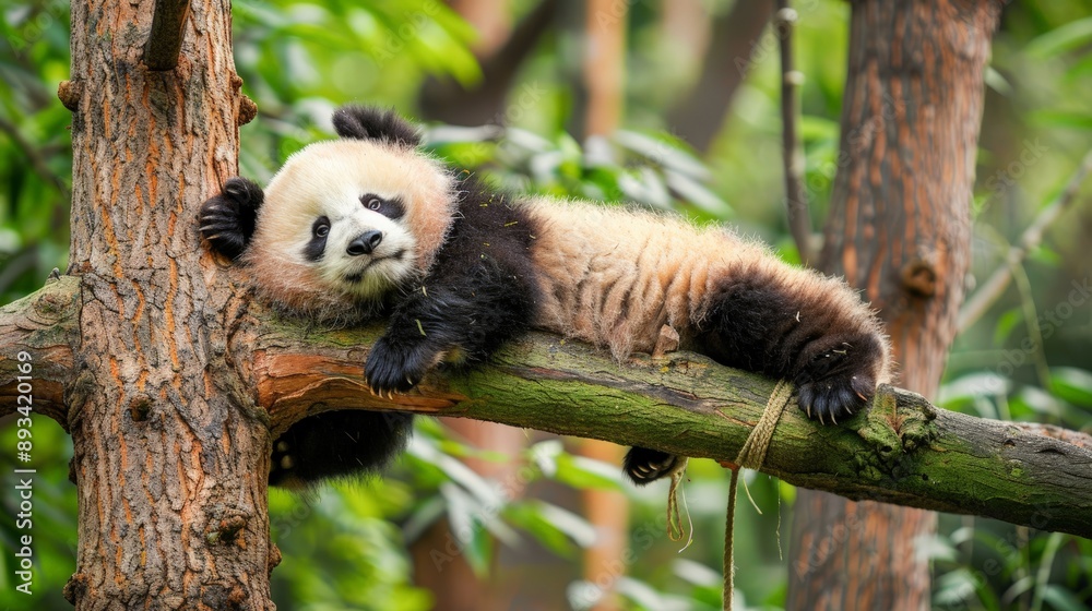 Obraz premium Cute Panda Relaxing on a Tree Branch
